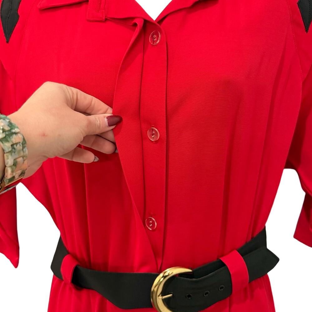 Vintage 80s Red Black Collared Belted Pleated Shoulder Pads Midi Dress size M - Picture 14 of 16
